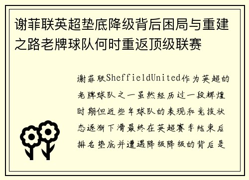 谢菲联英超垫底降级背后困局与重建之路老牌球队何时重返顶级联赛